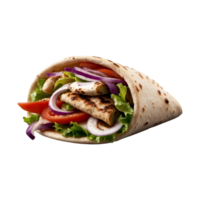Delicious Greek gyros wrapped in pita bread. Shawarma grilled pita. With fresh meat and vegetables Isolated On a Transparent Background png