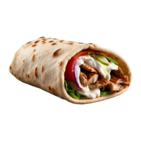 Delicious Greek gyros wrapped in pita bread. Shawarma grilled pita. With fresh meat and vegetables Isolated On a Transparent Background png