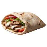 Delicious Greek gyros wrapped in pita bread. Shawarma grilled pita. With fresh meat and vegetables Isolated On a Transparent Background png