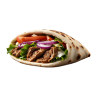 Delicious Greek gyros wrapped in pita bread. Shawarma grilled pita. With fresh meat and vegetables Isolated On a Transparent Background png