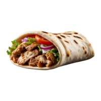 Delicious Greek gyros wrapped in pita bread. Shawarma grilled pita. With fresh meat and vegetables Isolated On a Transparent Background png