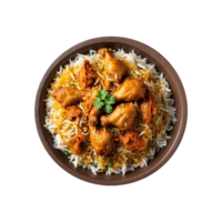 A Hot Delicious bowl of biryani with chicken pieces isolated on a transparent background, Beautiful view of traditional spicy indian food, Iftar meal, Ramadan dinner. png
