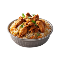 A Hot Delicious bowl of biryani with chicken pieces isolated on a transparent background, Beautiful view of traditional spicy indian food, Iftar meal, Ramadan dinner. png