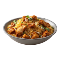A Hot Delicious bowl of biryani with chicken pieces isolated on a transparent background, Beautiful view of traditional spicy indian food, Iftar meal, Ramadan dinner. png