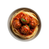 A delicious plate of Spaghetti pasta with tomato sauce, meatballs isolated on a transparent background png