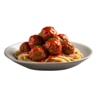 A delicious plate of Spaghetti pasta with tomato sauce, meatballs isolated on a transparent background png