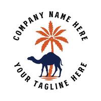 Circular Middle East Desert with Palm Date and walking Camel Silhouette Illustration vector