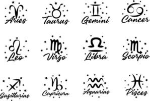 Set of 12 Zodiac Signs with Elegant Script Names. Perfect for Horoscopes and Astrology. Collection of Astrological Zodiacs. Mystical Celestial Icons. Black White Mystic Symbols. illustration vector