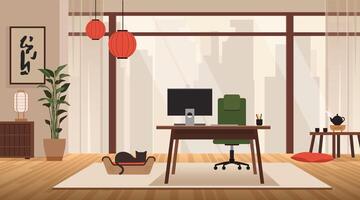 Modern zen home office with big window, home plant, computer and cat. Calm, roductive workplace in asian style with city view and creative atmosphere vector