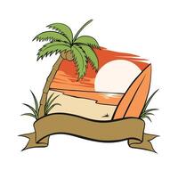 illustration of a beach with a surf board and trees as a frame vector