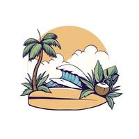 illustration of a beach with a surf board and trees as a frame vector