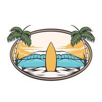 illustration of a beach with a surf board and trees as a frame vector