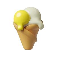 Yellow ice cream cone 3D style object with scoops of melting ice cream in waffle cup vector