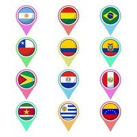 South american continent flags. Flat map element design, travel symbols, landmark symbols, geography and map flags emblem. vector