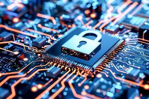 Padlock on mainboard computer, internet information privacy network security, data protection. photo