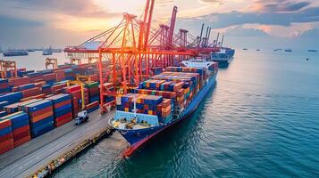 Logistics, container Cargo ship transportation with working crane bridge in deep sea port for import export. photo
