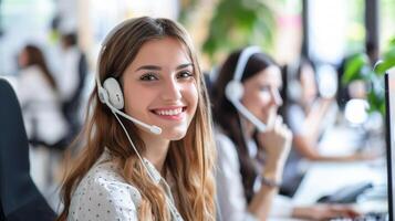 Call center office with smiling beautiful friendly woman working support customer care. photo