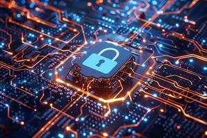 Padlock on mainboard computer, internet information privacy network security, data protection. photo