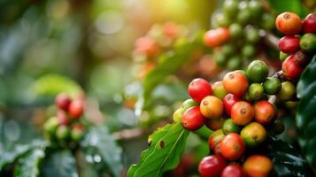 Coffee beans branch ripening in agriculture farm. photo