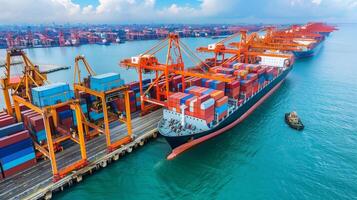 Logistics, container Cargo ship transportation with working crane bridge in deep sea port for import export. photo