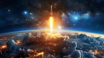 Rocket spaceship takes off with smoke into space. photo