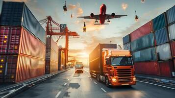 Logistics, container Cargo ship transportation with working crane bridge in deep sea port for import export. photo