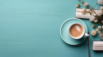 Coffee Cup and Book on Table photo