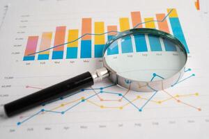 Magnifying glass on spreadsheet and graph paper. Financial development, Banking Account, Statistic, Investment Analytic research data economy, Business. photo
