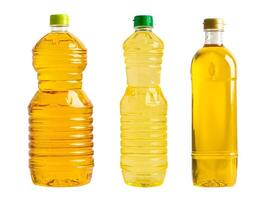 Vegetable oil with olive oil in different bottle for cooking isolated on white background with clipping path. photo
