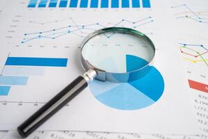 Magnifying glass on spreadsheet and graph paper. Financial development, Banking Account, Statistic, Investment Analytic research data economy, Business. photo