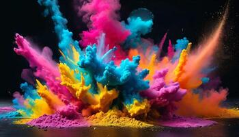 Colorful powder explosion isolated on black background. Colorful abstract paint explosion. Holi paint, with 3d rendering effect photo