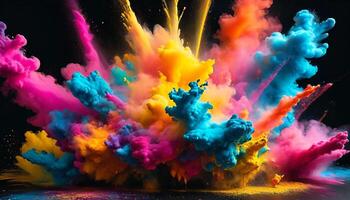 Colorful powder explosion isolated on black background. Colorful abstract paint explosion. Holi paint, with 3d rendering effect photo