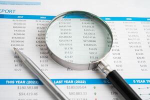 Magnifying glass on spreadsheet and graph paper. Financial development, Banking Account, Statistic, Investment Analytic research data economy, Business. photo