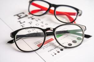 Glasses on eye testing exam chart to check eyesight accuracy of reading. photo