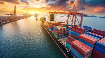 Logistics, container Cargo ship transportation with working crane bridge in deep sea for import export. photo