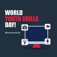 World Youth Skills Day Post. Youth Skills Day awareness post for empowering youth for learning online skills. Poster for youth skills with a computer screen surrounded by online skills icons vector