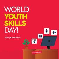 World Youth Skills Day Post. Youth Skills Day marketing post for educational institutes with table, computer and icons of graphic design, voice over, marketing and photography. Empowering Youth post vector