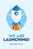We are launching soon. Startup rocket launching with fire. Ready, Set, Launch. Announcement webpage featuring a rocket launching with fire We are coming. Join now to learn more. launch Website poster vector