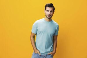 Man style fashion background studio space portrait laughing trendy lifestyle gesture smiling copy arm photo