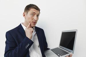 Problem man typing wireless boss workplace entrepreneur thinking employee executive serious photo