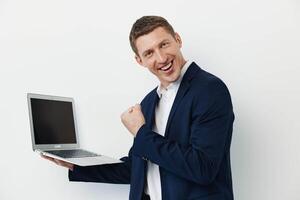 Computer man manager caucasian desk happy sitting professional man young executive adult portrait photo