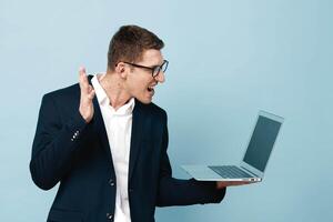 Man problem manager entrepreneur notebook job typing using frustrated handsome executive confused photo