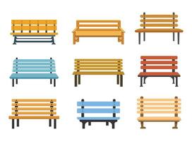 Bench icons set in flat style. Comfortable rest illustration on isolated background. Park chair sign business concept. vector