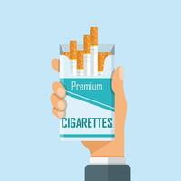Hand holding packet of cigarettes icon in flat style. Smoking illustration on isolated background. Tobacco box sign business concept. vector