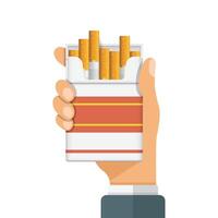 Hand holding packet of cigarettes icon in flat style. Smoking illustration on isolated background. Tobacco box sign business concept. vector