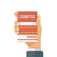 Hand holding packet of cigarettes icon in flat style. Smoking illustration on isolated background. Tobacco box sign business concept. vector