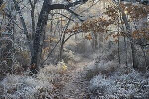 Frosty Winter Trail in a Sunlit Forest photo