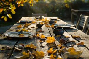 Autumn Leaves on a Rustic Outdoor Dining Table photo