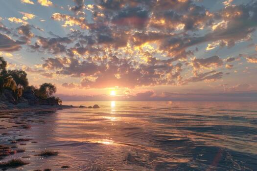 tropical playa puesta de sol con amable olas y lozano verdor foto