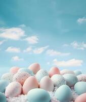 Colored pink and blue Easter eggs on background with clouds, Happy Easter day concept and idea, copy space photo